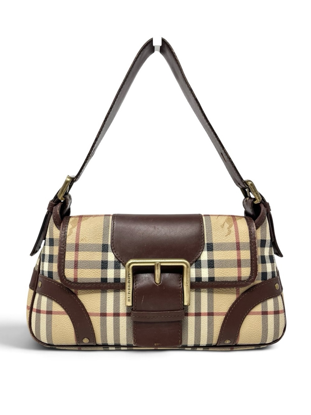 Vintage Vtg Burberry Y2K Haymarket Check Mini Shoulder Bag Beige Brown Leather - Picture 14 of 14